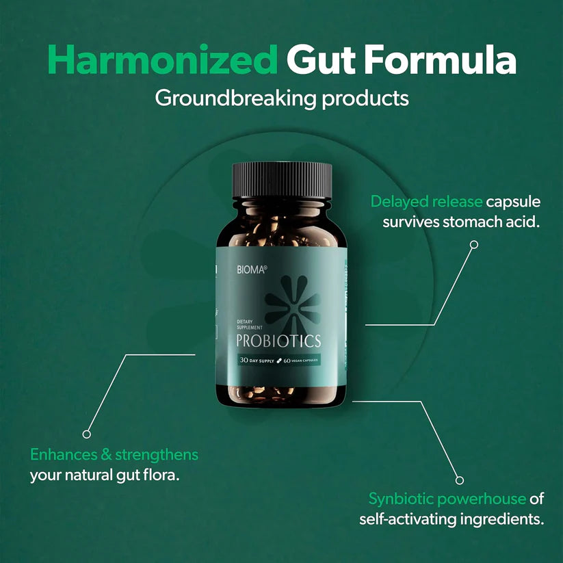 BIOMA Probiotic Gut Support - Vegan, Gluten Free, 60 Capsules