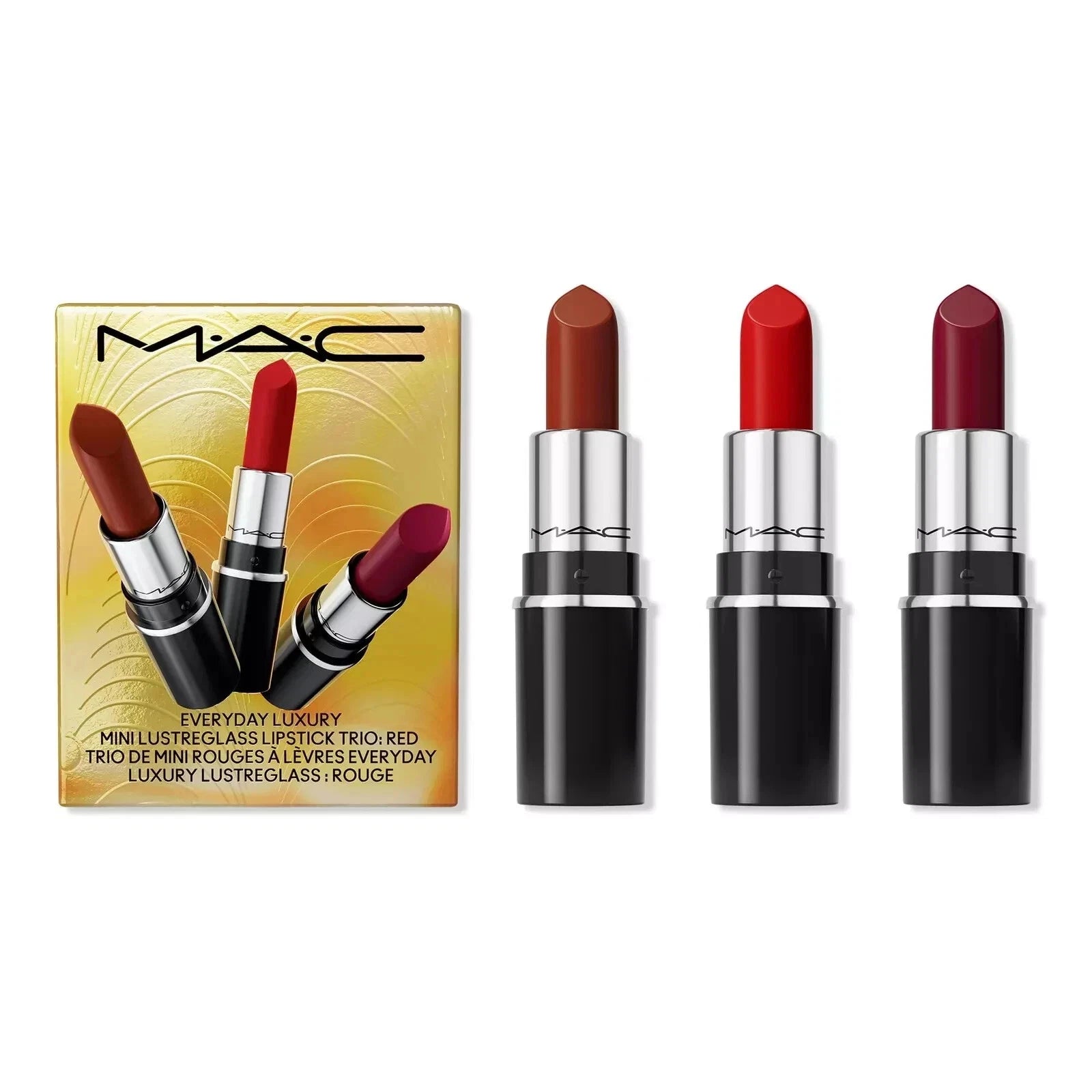 MAC Everyday Luxury Lustreglass Lipstick Set: RED CHERISH ME, PREMIYUM, RUBY