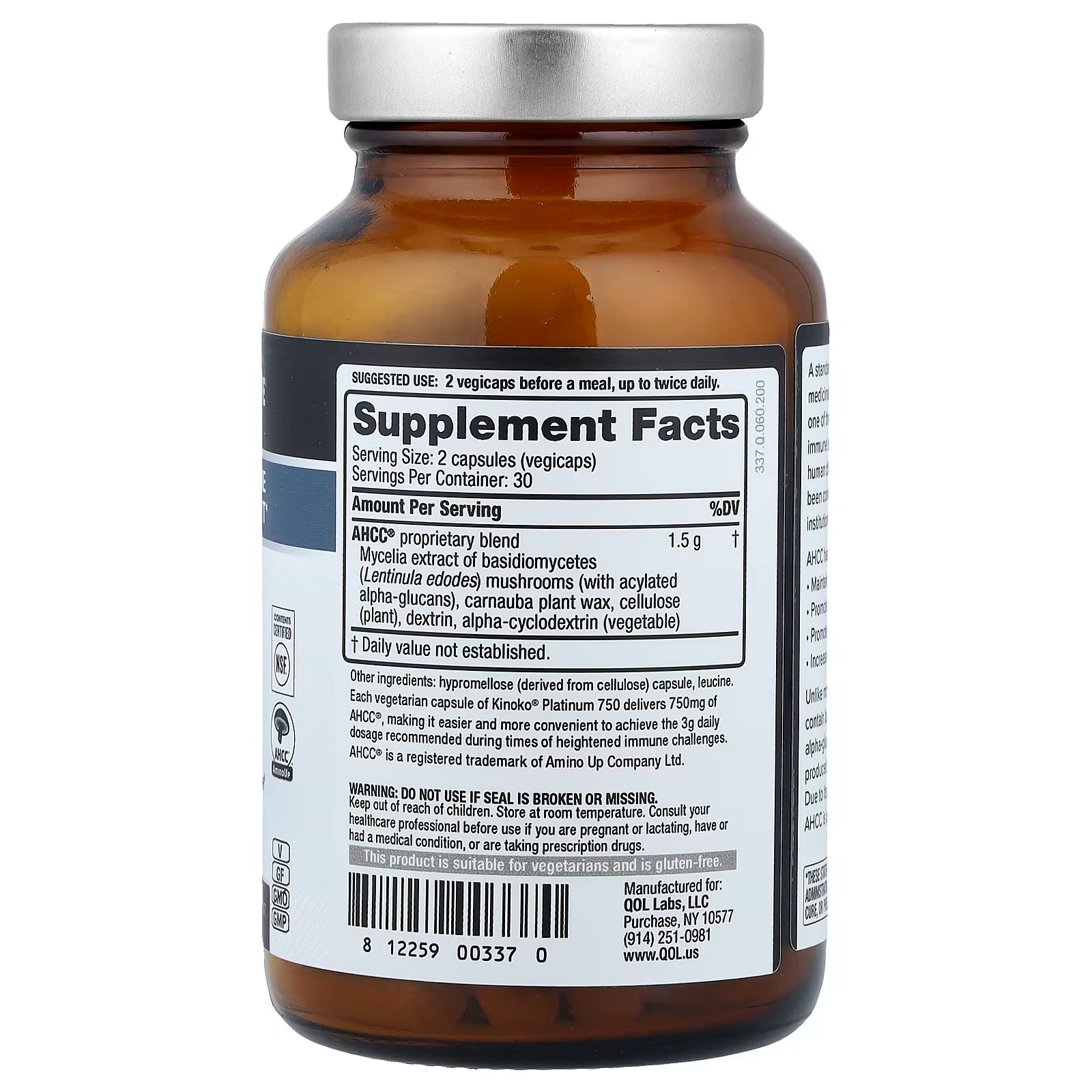 Quality of Life Premium Kinoko Platinum AHCC Supplement – 60 Veg Capsules