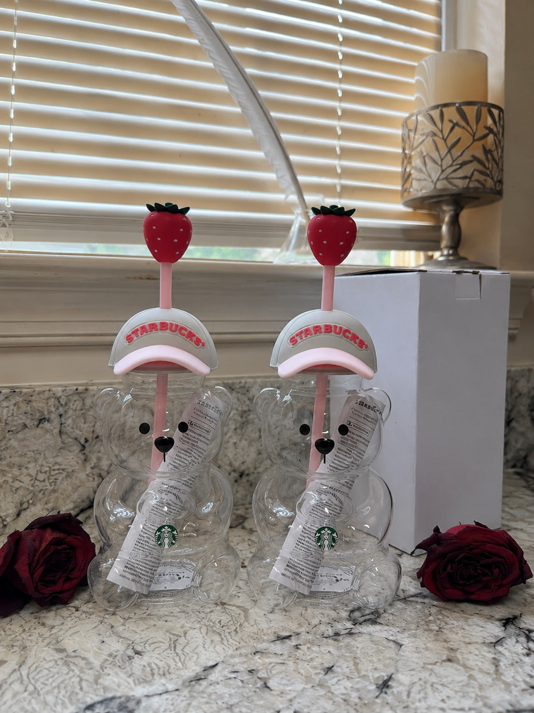 2026 Starbucks Bearista Pink Bear Glass Tumbler Cold Cup with Straw, 20oz/591ml — Pack of 2