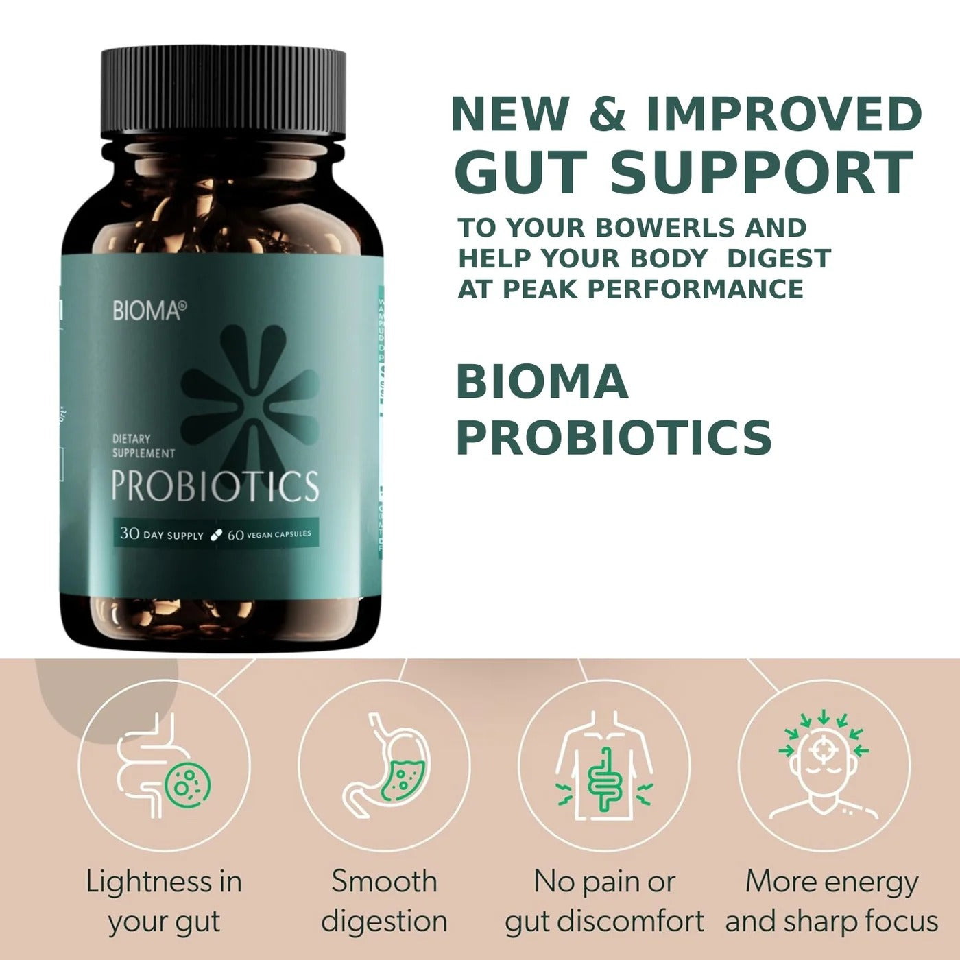 Pack of 3 BIOMA Probiotic Gut Support – Vegan, Gluten-Free – 60 Capsules Each (180 Capsules Total)