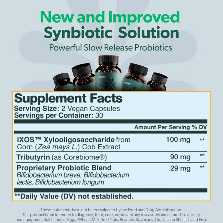 Pack of 3 BIOMA Probiotic Gut Support – Vegan, Gluten-Free – 60 Capsules Each (180 Capsules Total)