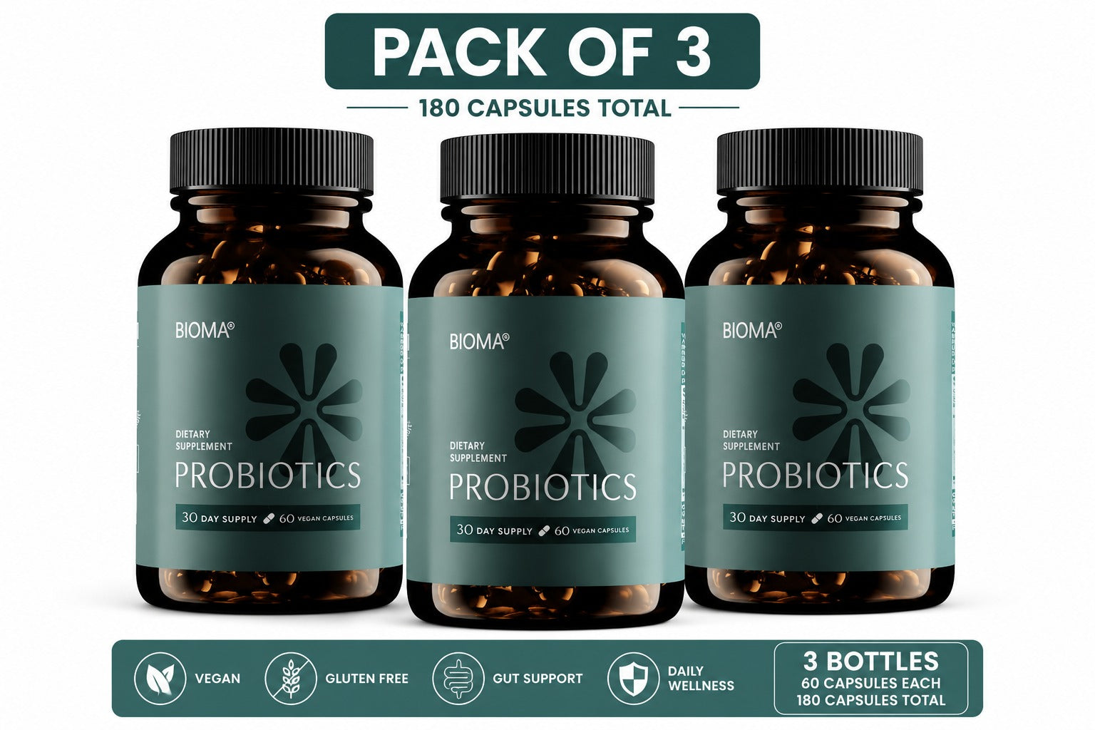 Pack of 3 BIOMA Probiotic Gut Support – Vegan, Gluten-Free – 60 Capsules Each (180 Capsules Total)