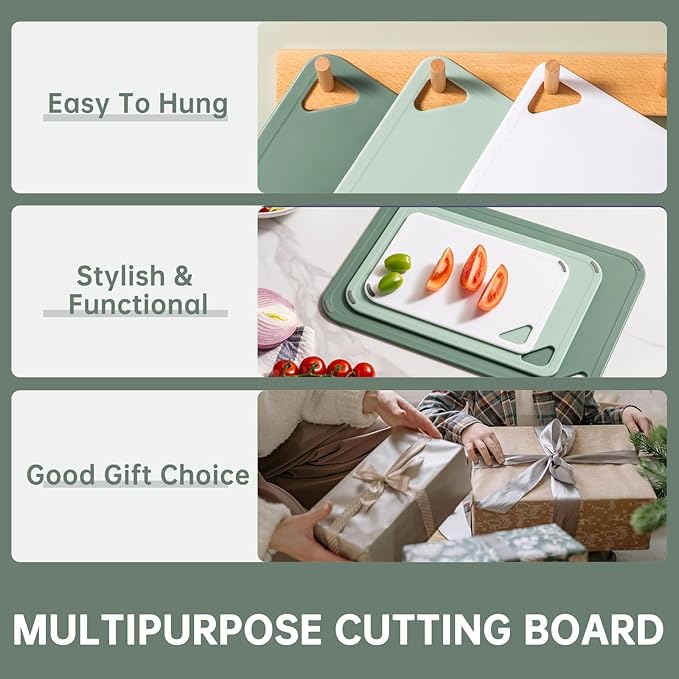 Plastic Cutting Boards Set of 3 with Grip Handle, Dishwasher Safe