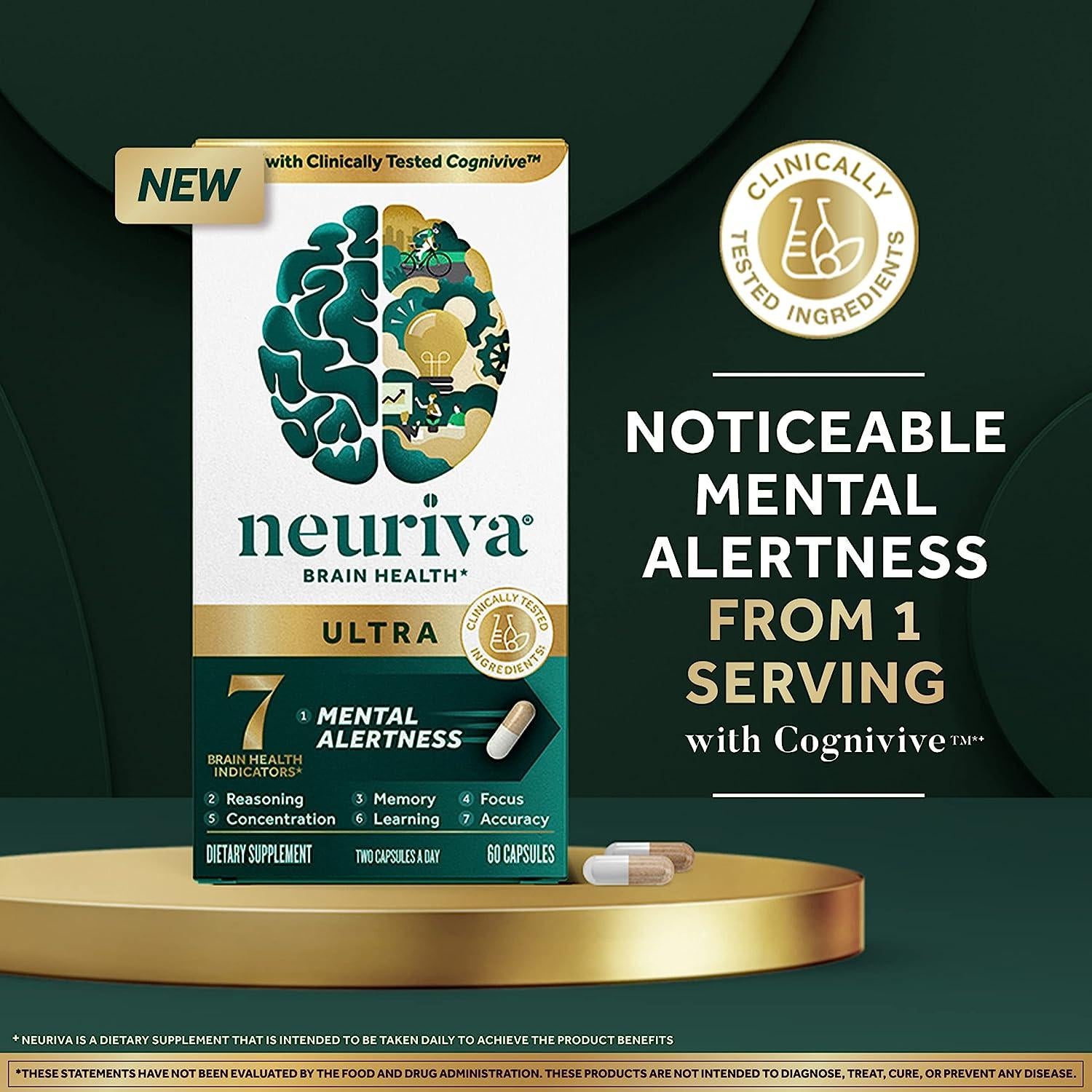 NEURIVA Ultra Nootropic Brain Supplement - Memory, Focus, 60 Caps